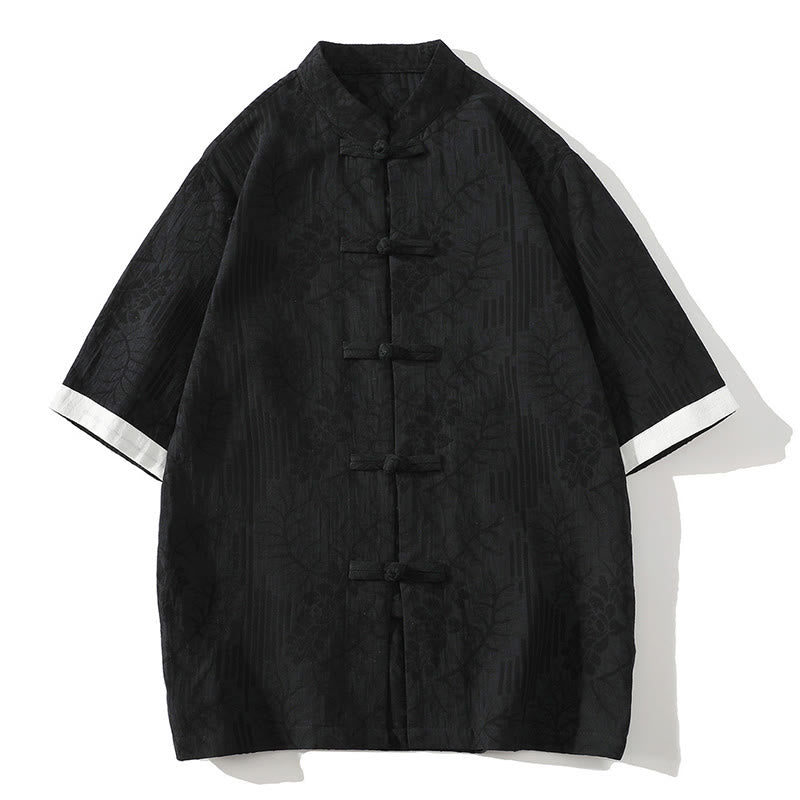 Buddha Stones Casual Summer Jacquard Floral Pattern Frog-Button Men's Stand Collar Contrasting Color Half Sleeve Cotton Cardigan Shirt