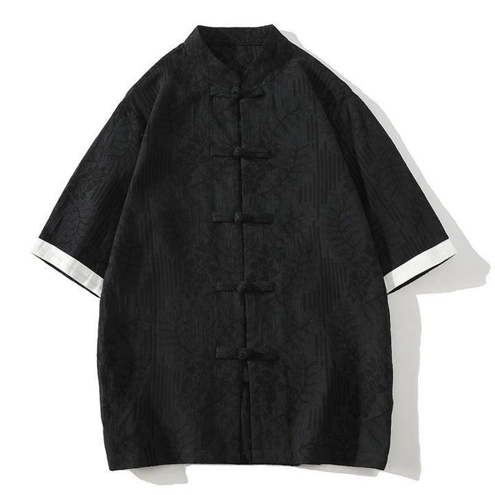 Buddha Stones Casual Summer Jacquard Floral Pattern Frog-Button Men's Stand Collar Contrasting Color Half Sleeve Cotton Cardigan Shirt