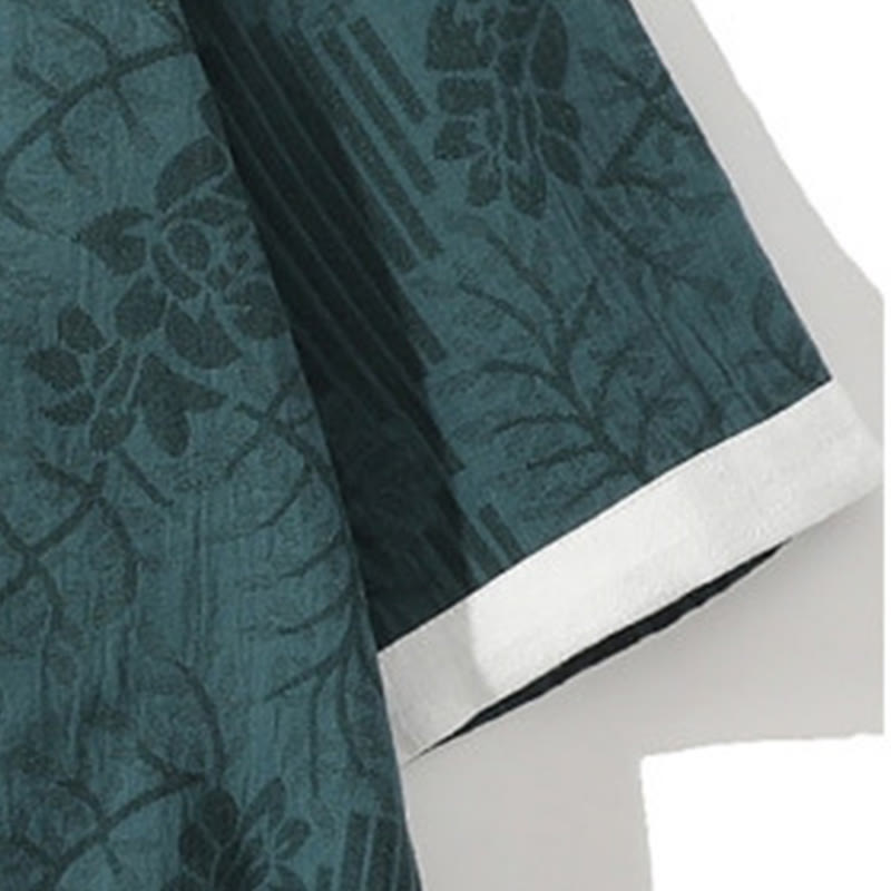 Buddha Stones Casual Summer Jacquard Floral Pattern Frog-Button Men's Stand Collar Contrasting Color Half Sleeve Cotton Cardigan Shirt - image 4