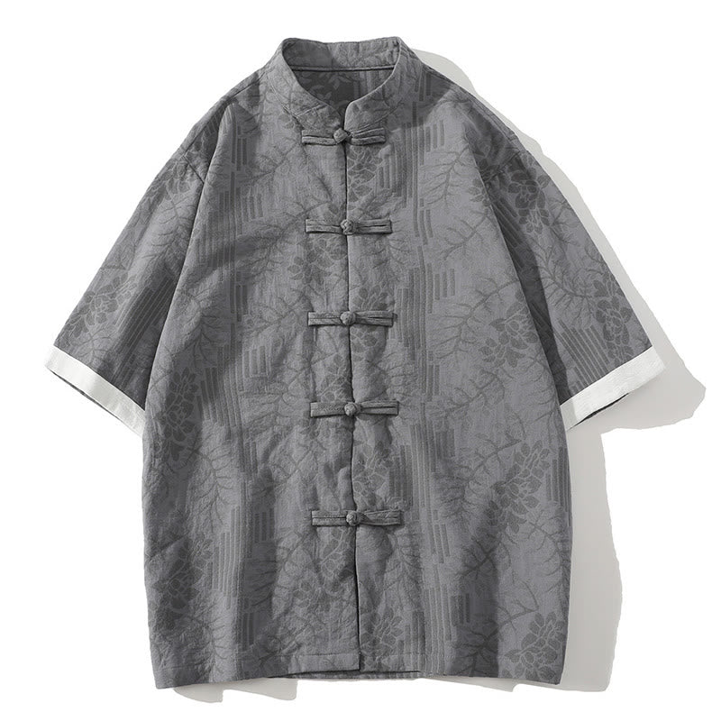 Buddha Stones Casual Summer Jacquard Floral Pattern Frog-Button Men's Stand Collar Contrasting Color Half Sleeve Cotton Cardigan Shirt
