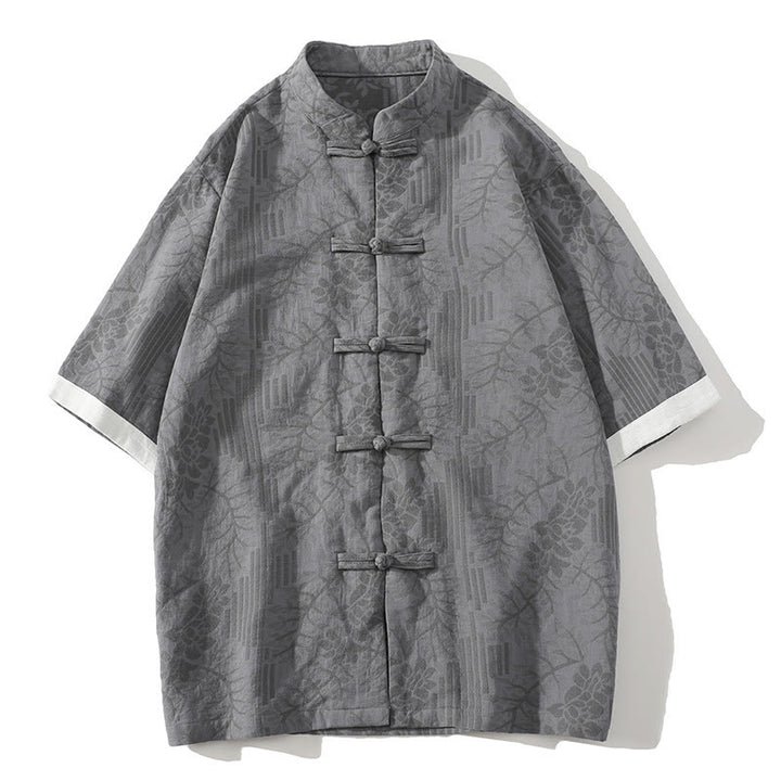 Buddha Stones Casual Summer Jacquard Floral Pattern Frog-Button Men's Stand Collar Contrasting Color Half Sleeve Cotton Cardigan Shirt