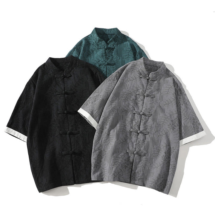 Buddha Stones Casual Summer Jacquard Floral Pattern Frog-Button Men's Stand Collar Contrasting Color Half Sleeve Cotton Cardigan Shirt