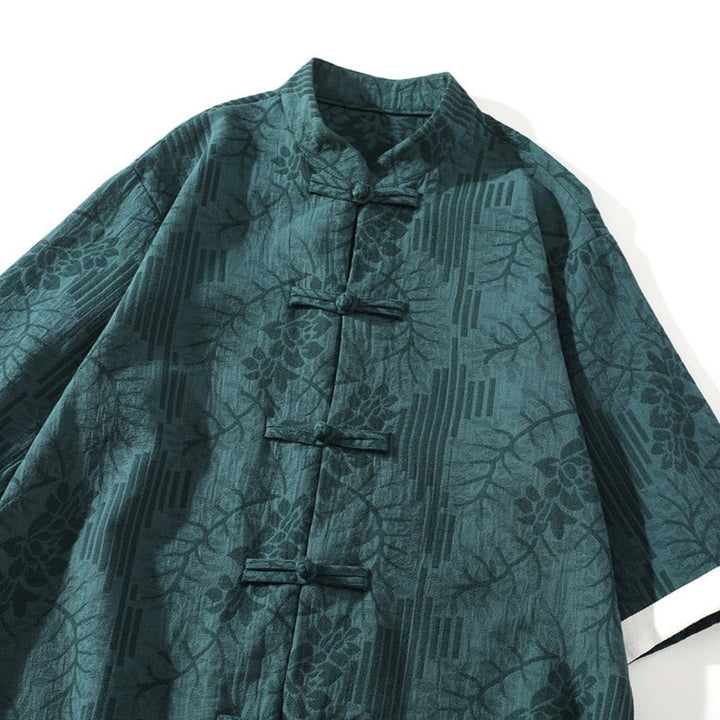 Buddha Stones Casual Summer Jacquard Floral Pattern Frog-Button Men's Stand Collar Contrasting Color Half Sleeve Cotton Shirt - image 1