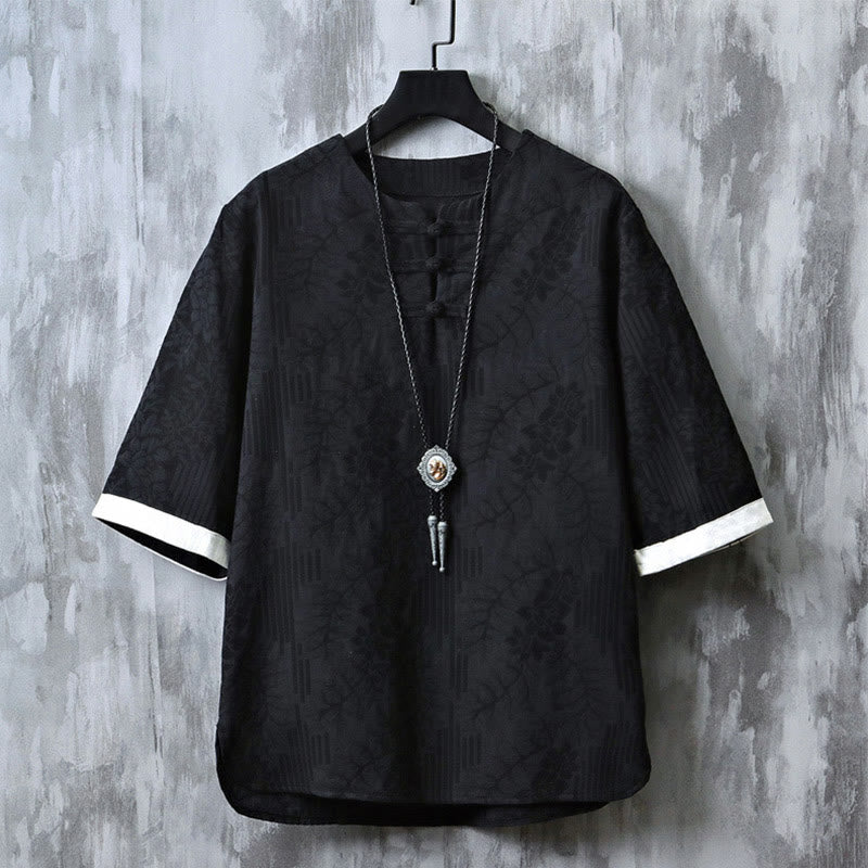 Buddha Stones Casual Retro Jacquard Chinese Frog-Button Design Men's Crew Neck Half Sleeve Cotton Shirt - Black - US/UK/AU46，EU56 (5XL) - image 3