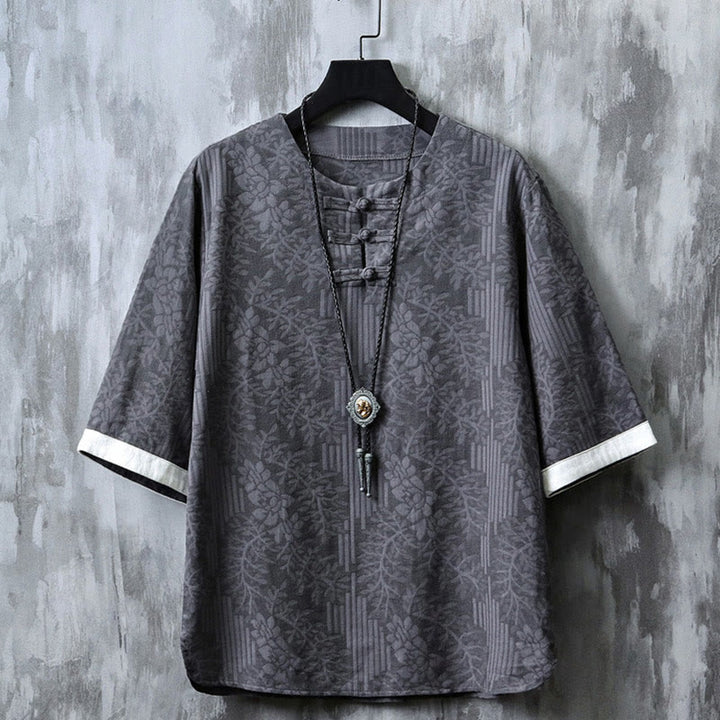 Buddha Stones Casual Retro Jacquard Chinese Frog-Button Design Men's Crew Neck Half Sleeve Cotton Shirt