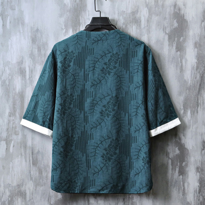 Buddha Stones Casual Retro Jacquard Chinese Frog-Button Design Men's Crew Neck Half Sleeve Cotton Shirt