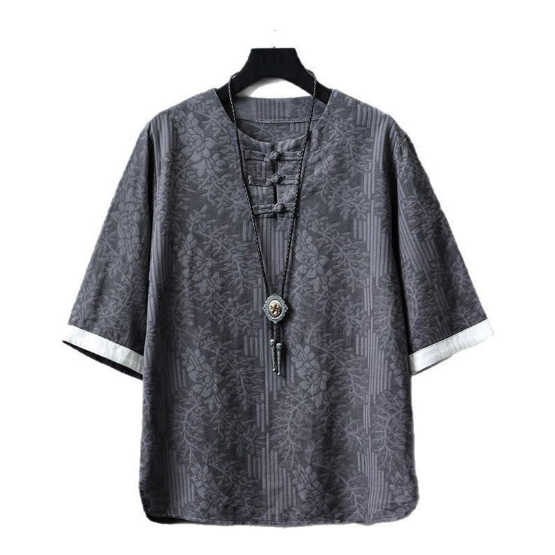 Buddha Stones Casual Retro Jacquard Chinese Frog-Button Design Men's Crew Neck Half Sleeve Cotton Shirt