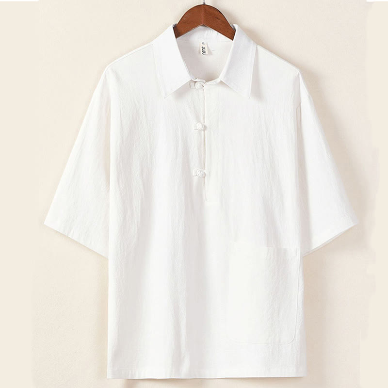 Buddha Stones Casual 2Pcs Pure Color Half Button Design Shirt Drawstring Pants Men's Cotton Linen Meditation Cloth Set With Pockets - image 1