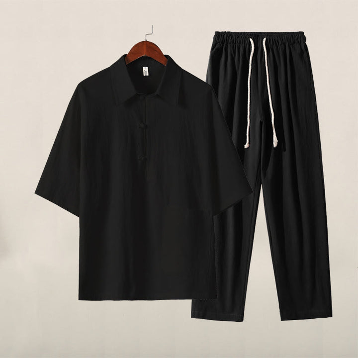 Buddha Stones Casual 2Pcs Pure Color Half Button Design Shirt Drawstring Pants Men's Cotton Meditation Cloth Set With Pockets - Black Top Black Pants - US/UK/AU46，EU56 (5XL) - image 12