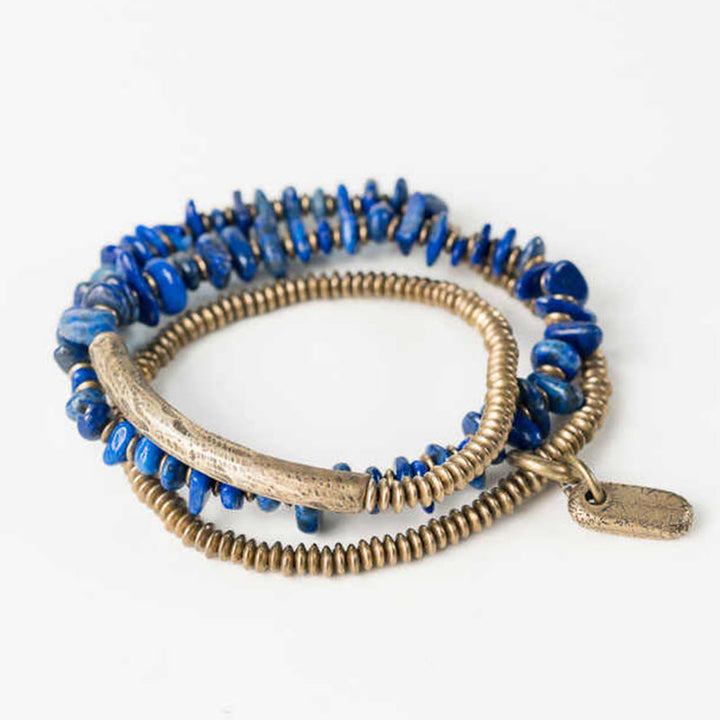 Buddha Stones Irregular Shape Triple Wrap Lazurite Balance Bracelet