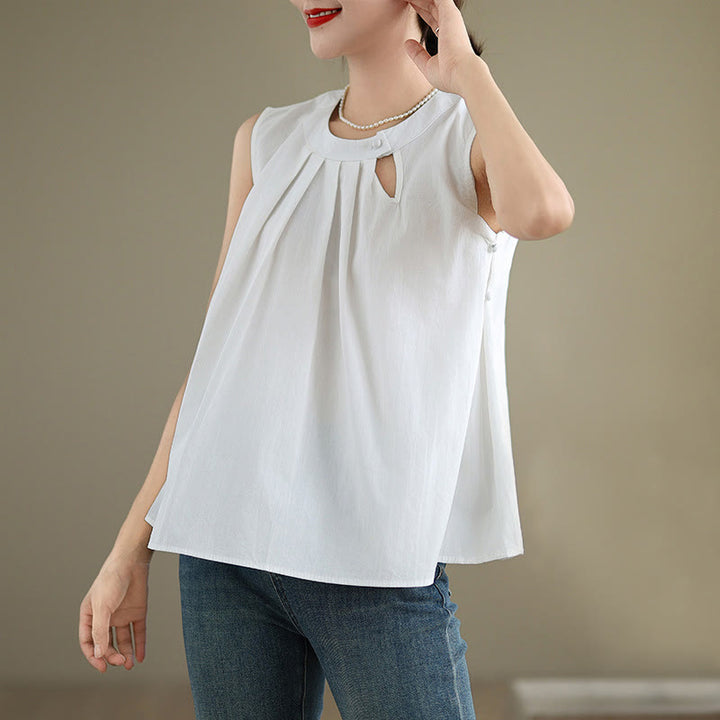Buddha Stones Summer Solid Color Pleated Design Halter Neck Sleeveless Cotton Linen Women's Vest