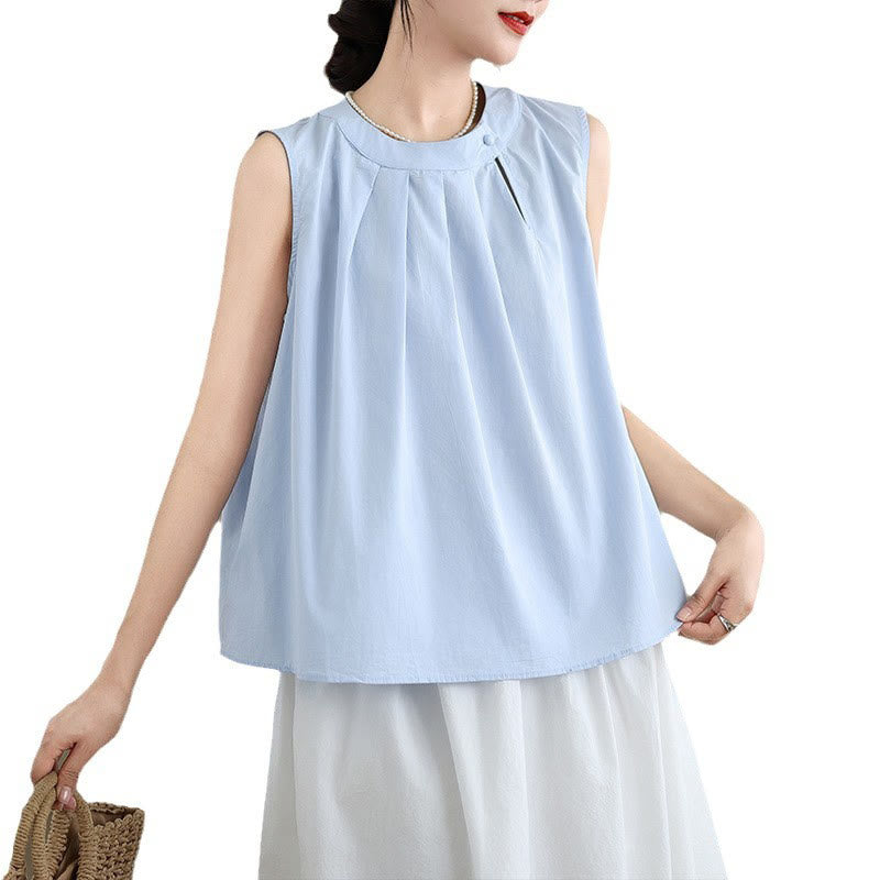 Buddha Stones Summer Solid Color Pleated Design Halter Neck Sleeveless Cotton Linen Women's Vest