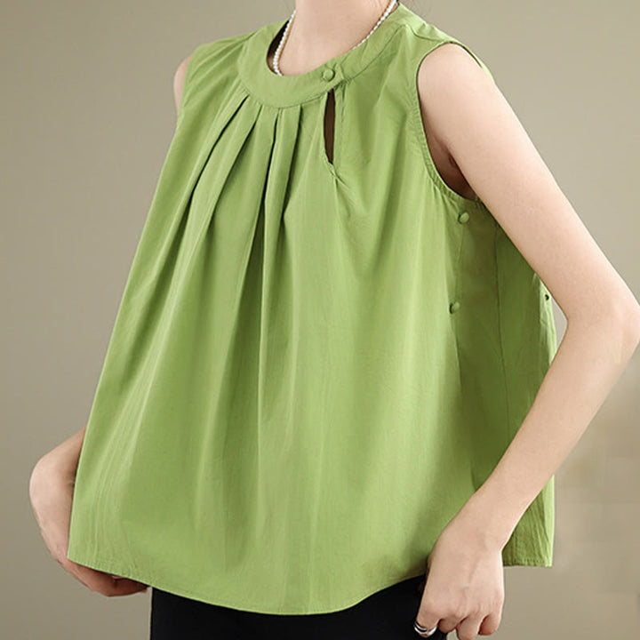 Buddha Stones Summer Solid Color Pleated Design Halter Neck Sleeveless Cotton Linen Women's Vest