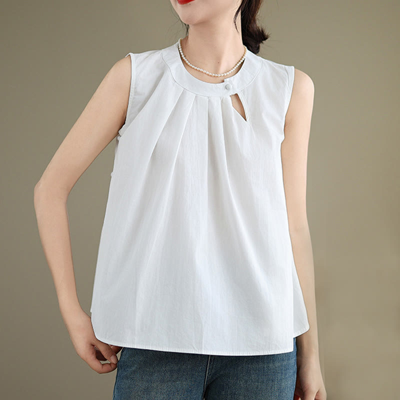 Buddha Stones Summer Solid Color Pleated Design Halter Neck Sleeveless Cotton Linen Women's Vest