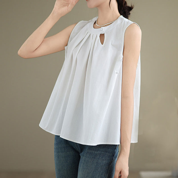 Buddha Stones Summer Solid Color Pleated Design Halter Neck Sleeveless Cotton Linen Women's Vest - image 15