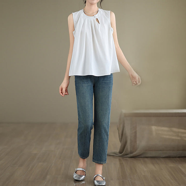 Buddha Stones Summer Solid Color Pleated Design Halter Neck Sleeveless Cotton Linen Women's Vest - image 16