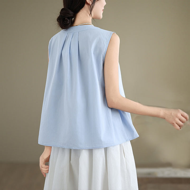 Buddha Stones Summer Solid Color Pleated Design Halter Neck Sleeveless Cotton Linen Women's Vest