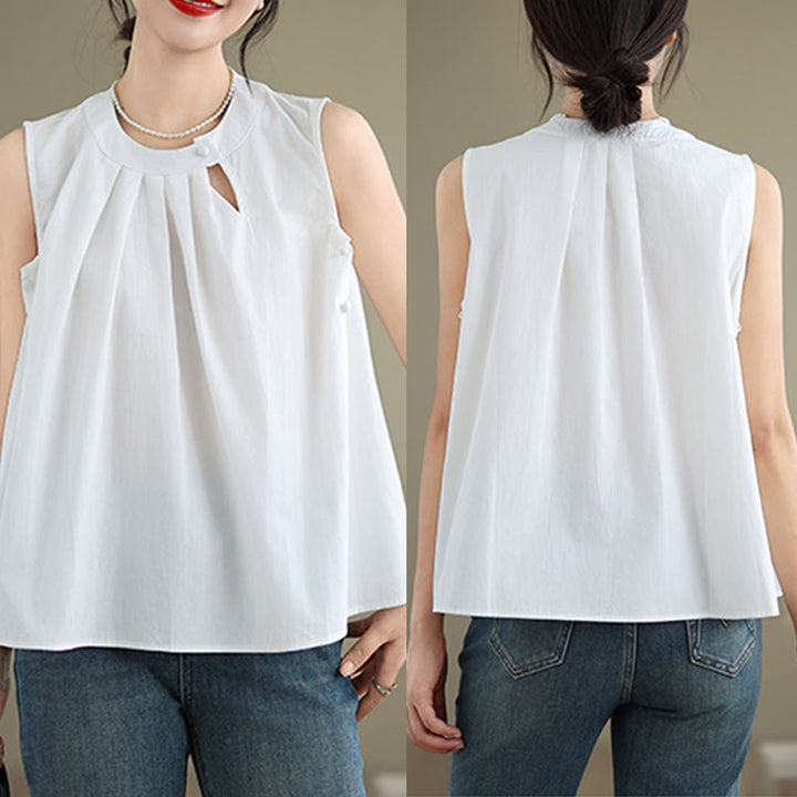 Buddha Stones Summer Solid Color Pleated Design Halter Neck Sleeveless Cotton Linen Women's Vest - image 17