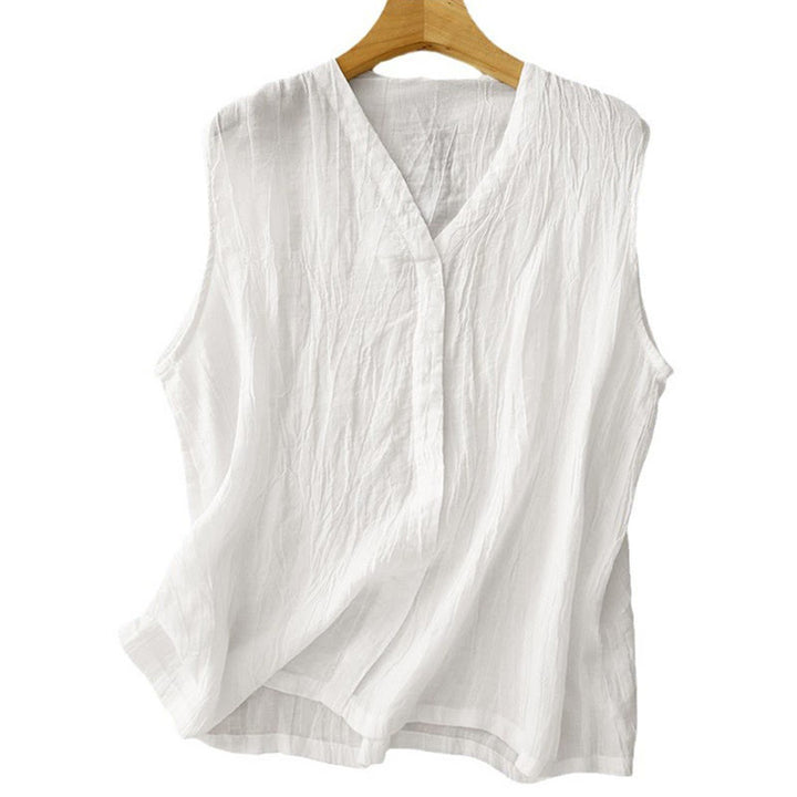 Buddha Stones Casual Summer Pure Color Pleated Design Sleeveless Women's Cotton Linen V-Neck Vest Cardigan - image 17