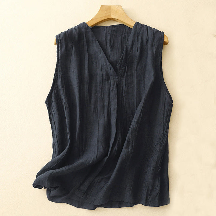 Buddha Stones Casual Summer Pure Color Pleated Design Sleeveless Women's Cotton Linen V-Neck Vest Cardigan - Navy - US8-10，UK/AU12-14，EU40-42 (2XL) - image 5