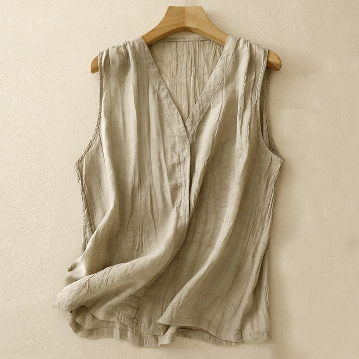 Buddha Stones Casual Summer Pure Color Pleated Design Sleeveless Women's Cotton Linen V-Neck Vest Cardigan - Khaki - US8-10，UK/AU12-14，EU40-42 (2XL) - image 0