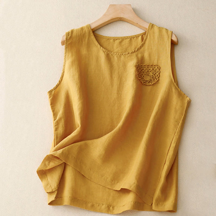 Buddha Stones Casual Pure Color Embroidery Patchwork Design Sleeveless Crew Neck Women's Cotton Linen Vest - Gold - US12，UK/AU16，EU44 (3XL) - image 0