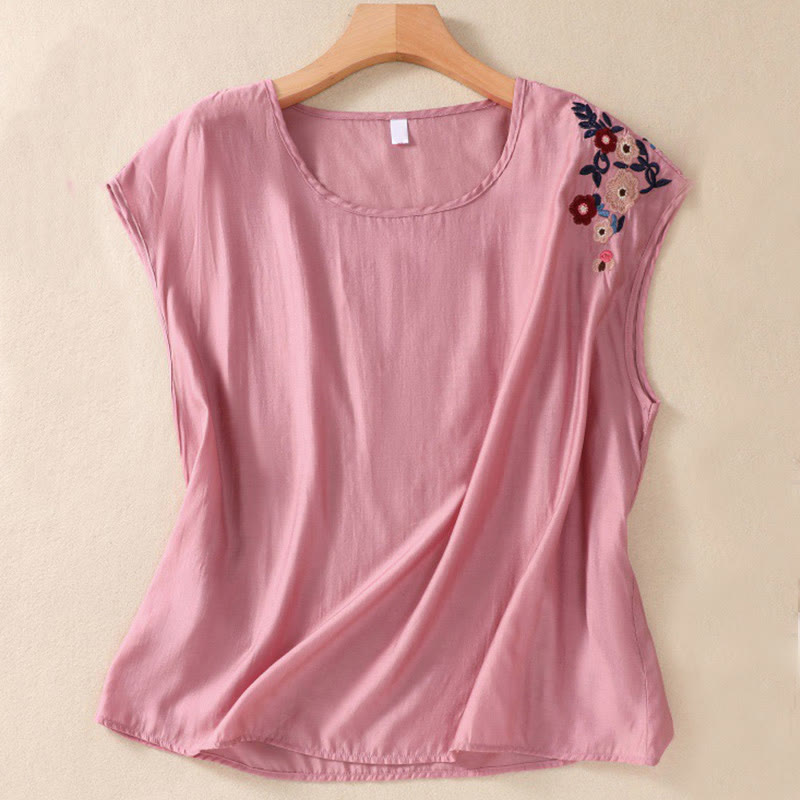 Buddha Stones Casual Vintage Plain Embroidery Flower Pattern Contrasting Color Sleeveless Crew Neck Women's Cotton Linen Vest - LightCoral - US4-6，UK/AU8-10，EU36-38 (F) - image 0