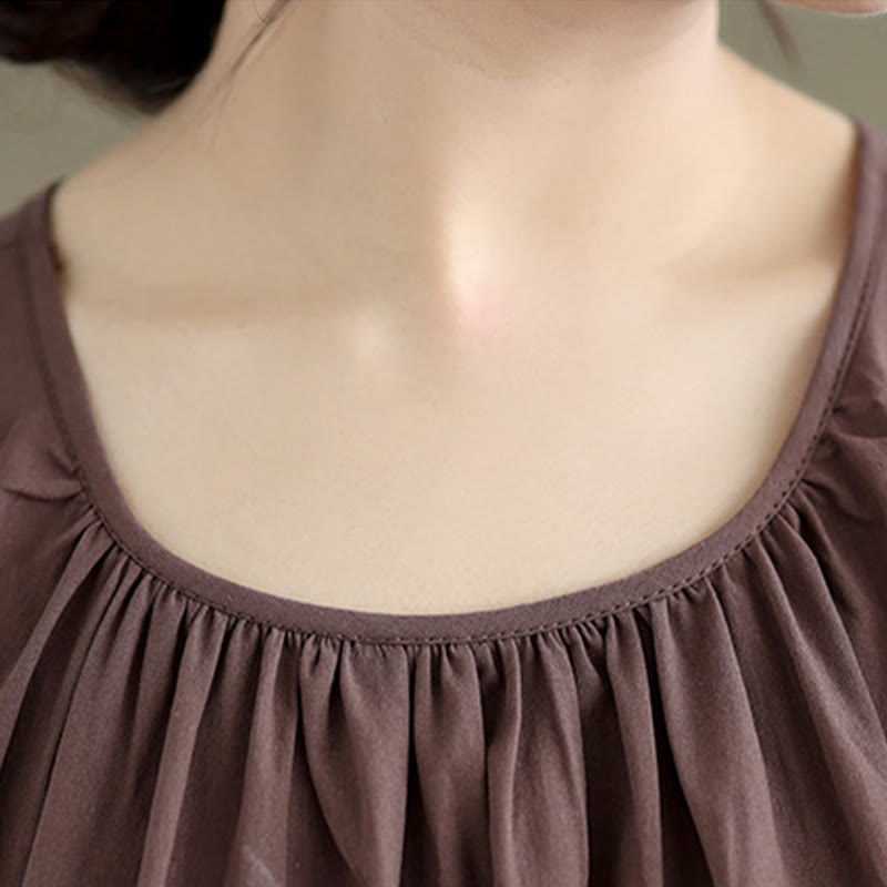 Buddha Stones Summer Artistic Solid Color Pleated Crew Neck Design Women's Cotton Linen  Vest - image 5