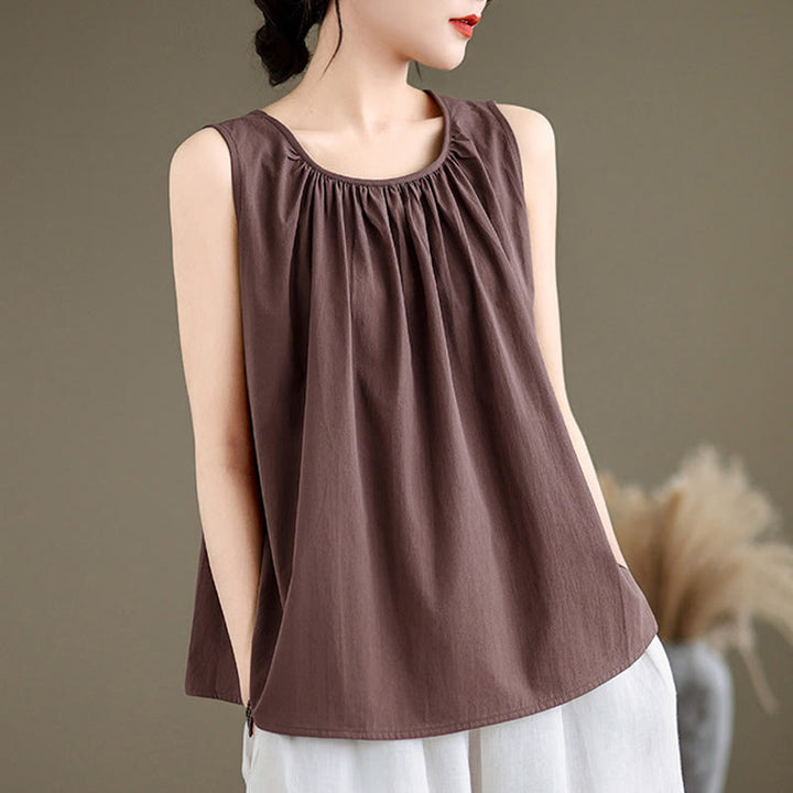 Buddha Stones Summer Artistic Solid Color Pleated Crew Neck Design Women's Cotton Linen  Vest - image 1