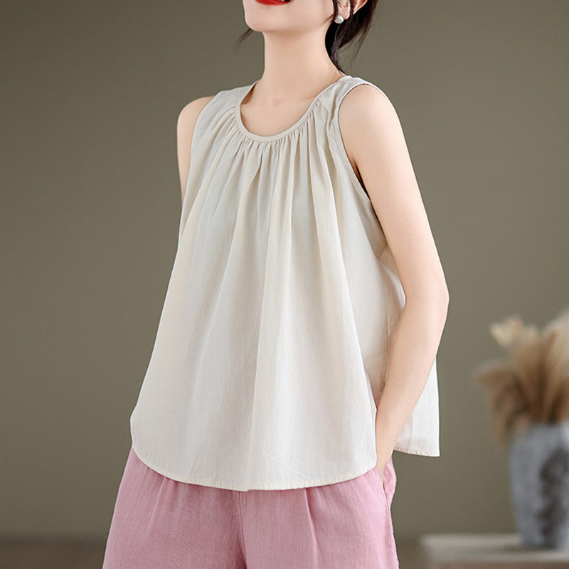 Buddha Stones Summer Artistic Solid Color Pleated Crew Neck Design Women's Cotton Linen  Vest - image 16