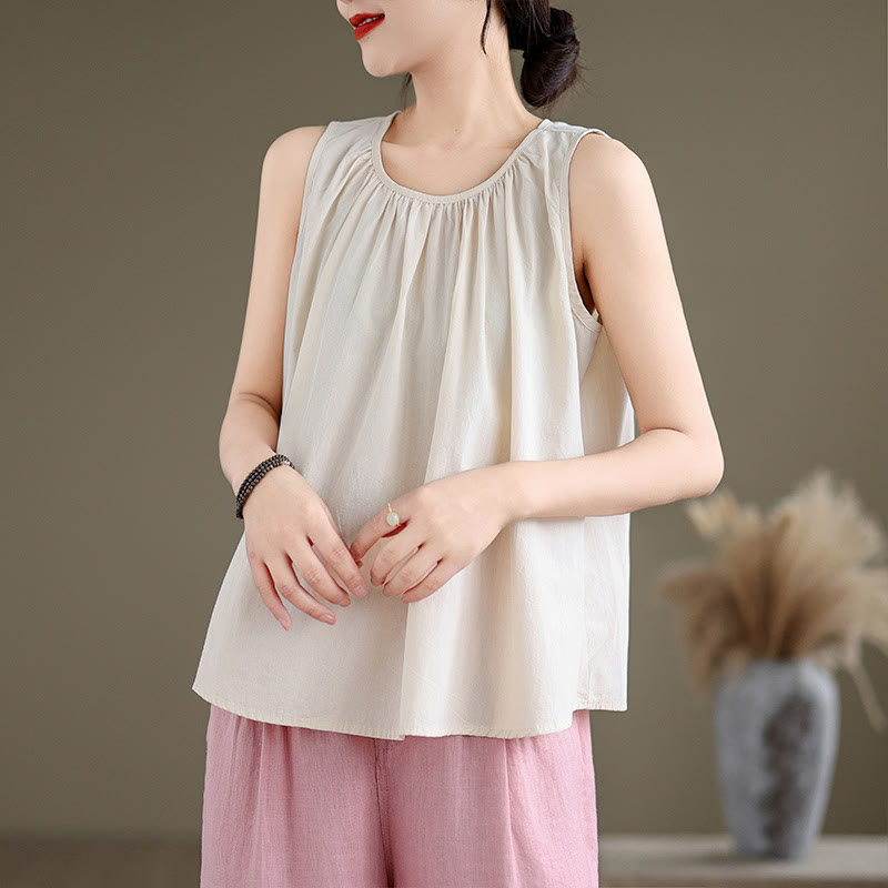 Buddha Stones Summer Artistic Solid Color Pleated Crew Neck Design Women's Cotton Linen  Vest - Beige - US12，UK/AU16，EU44 (2XL) - image 15