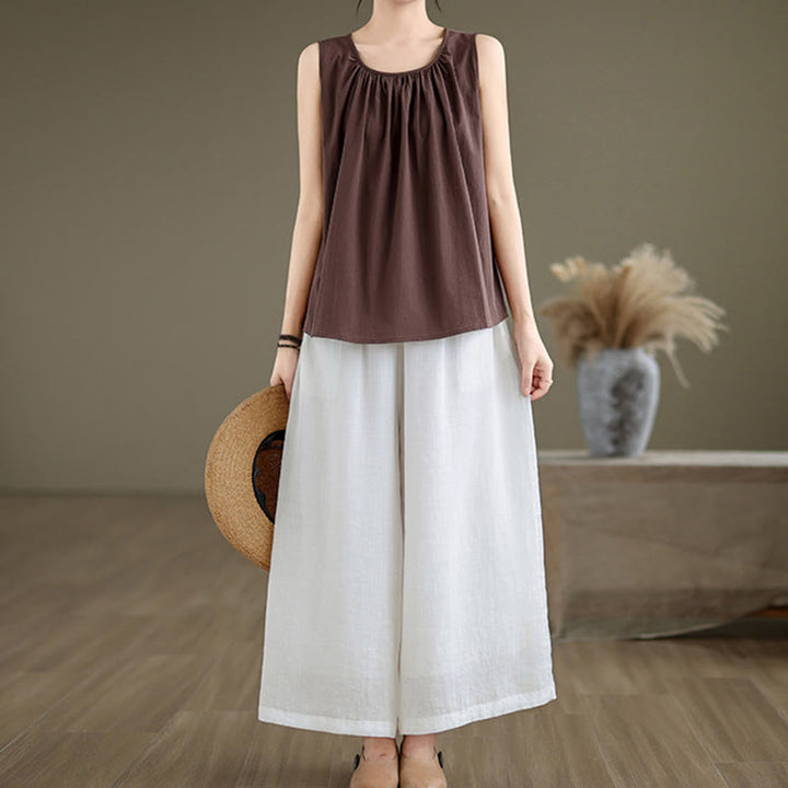 Buddha Stones Summer Artistic Solid Color Pleated Crew Neck Design Women's Cotton Linen  Vest - image 4