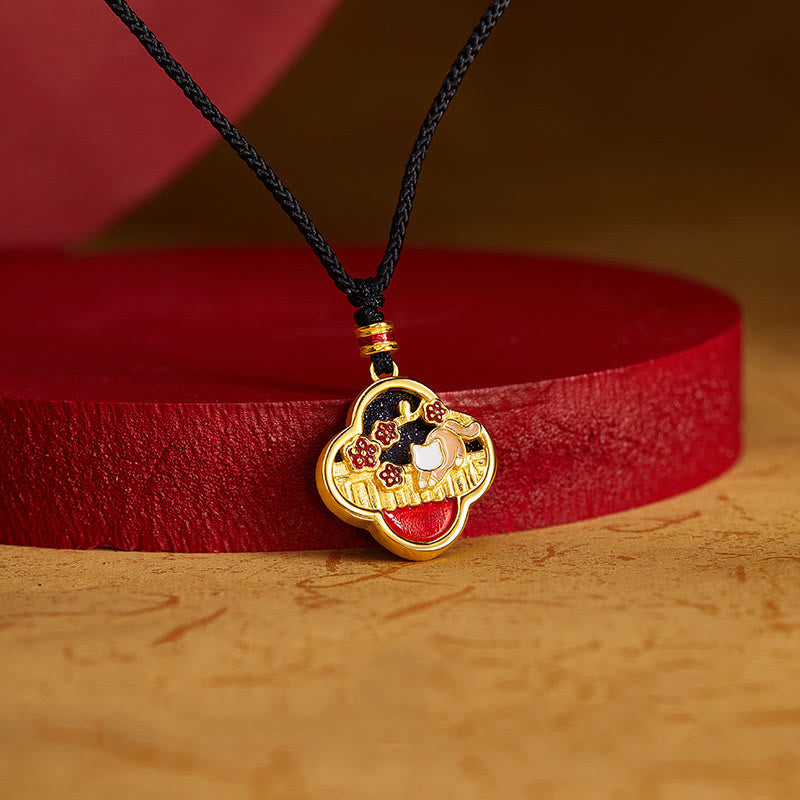 Buddha Stones 925 Sterling Silver Plum Blossom Cat Four Leaf Clover Blessing Necklace Pendant - image 2