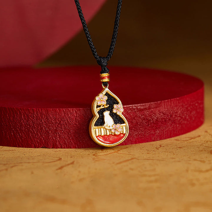 Buddha Stones 925 Sterling Silver Peach Blossom Cat Gourd Pattern Protection Necklace Pendant - image 1