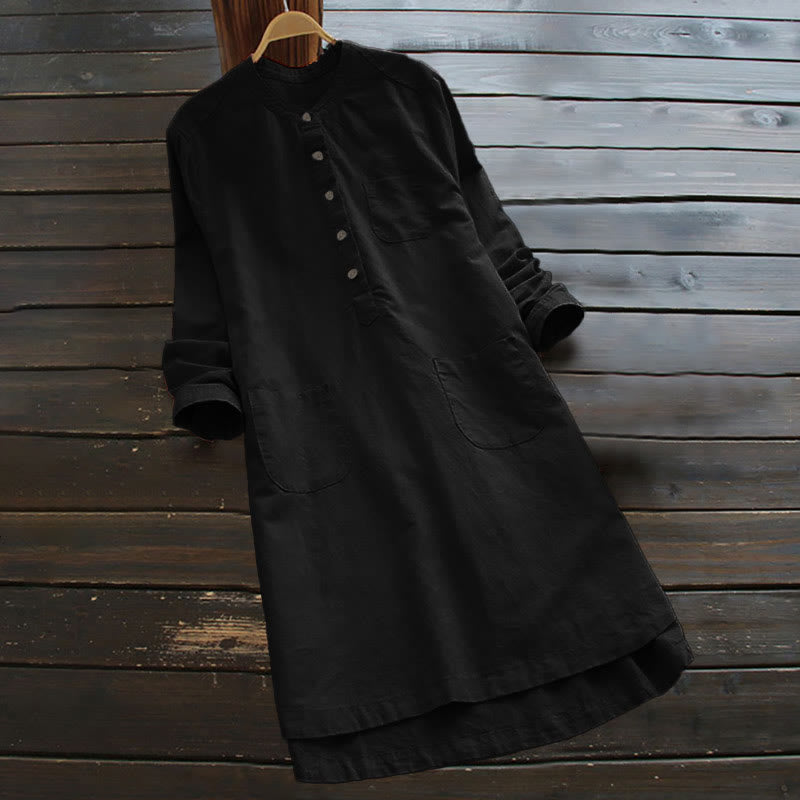 Buddha Stones Solid Buttons Long Sleeve Cotton Linen Women's Shirt With Pockets - Black - US16，UK/AU20，EU48 (5XL) - image 12