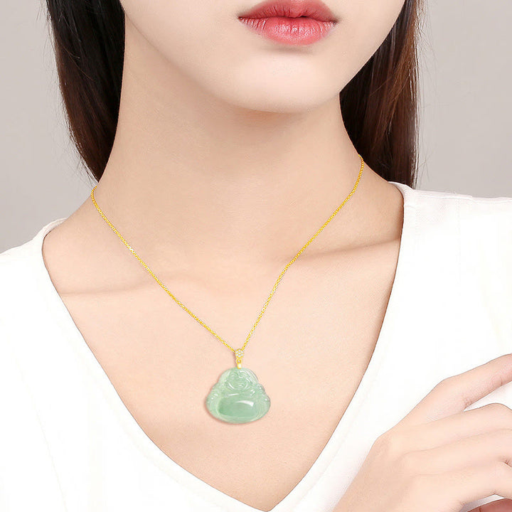 Buddha Stones Natural Jade Laughing Buddha Luck Prosperity Titanium Steel Chain Necklace Pendant - image 10