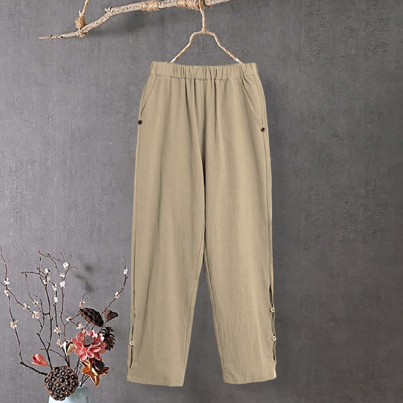 Buddha Stones Casual Pure Color Hollow Button Cuff Design Women's Cotton Linen Pants With Pockets - image 0