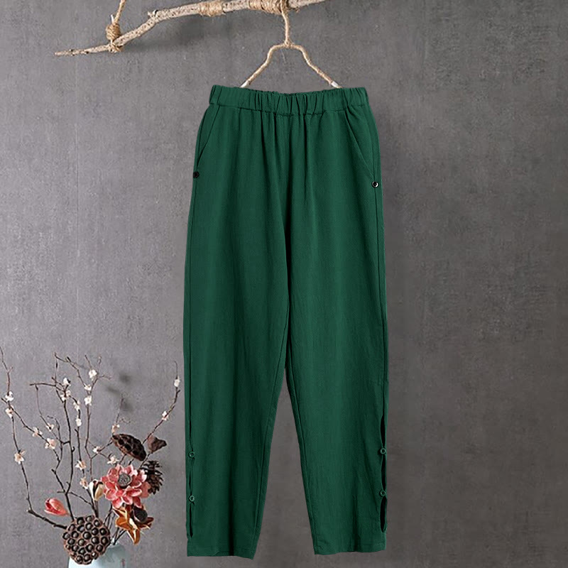 Buddha Stones Casual Pure Color Hollow Button Cuff Design Women's Cotton Linen Pants With Pockets - image 18