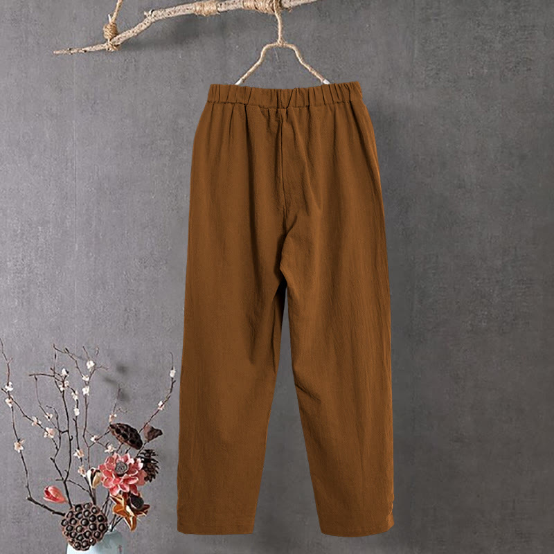 Buddha Stones Casual Pure Color Hollow Button Cuff Design Women's Cotton Linen Pants With Pockets - image 8