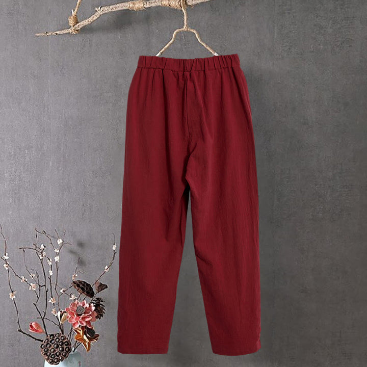 Buddha Stones Casual Pure Color Hollow Button Cuff Design Women's Cotton Linen Pants With Pockets - image 14