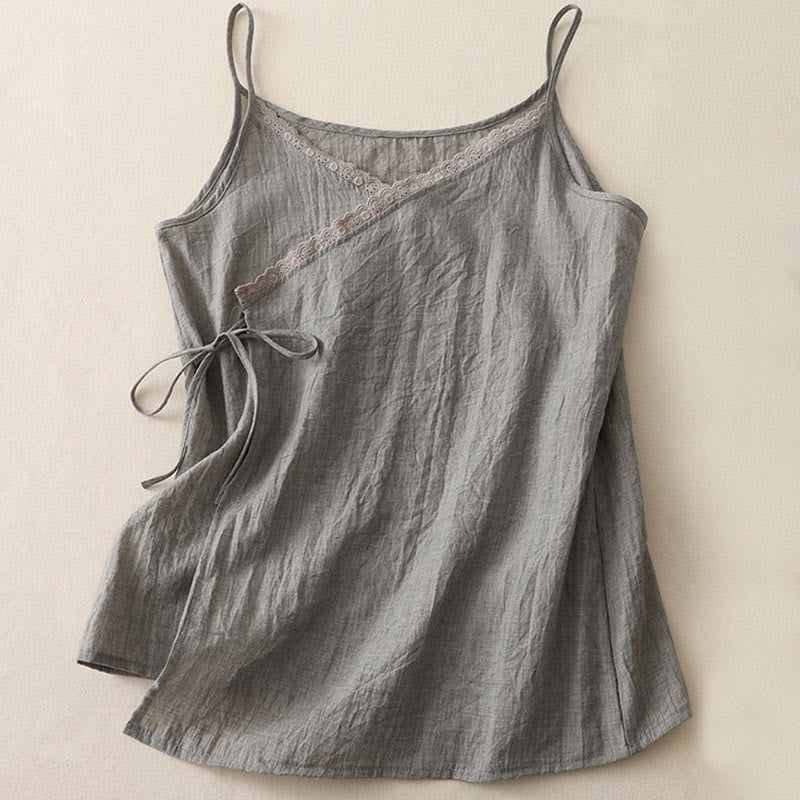Buddha Stones Vintage Side Lace-up Splicing Lace V-neck Sleeveless Women's Cotton Linen Vest - DarkSeaGreen - US8-10，UK/AU12-14，EU40-42 (2XL) - image 9