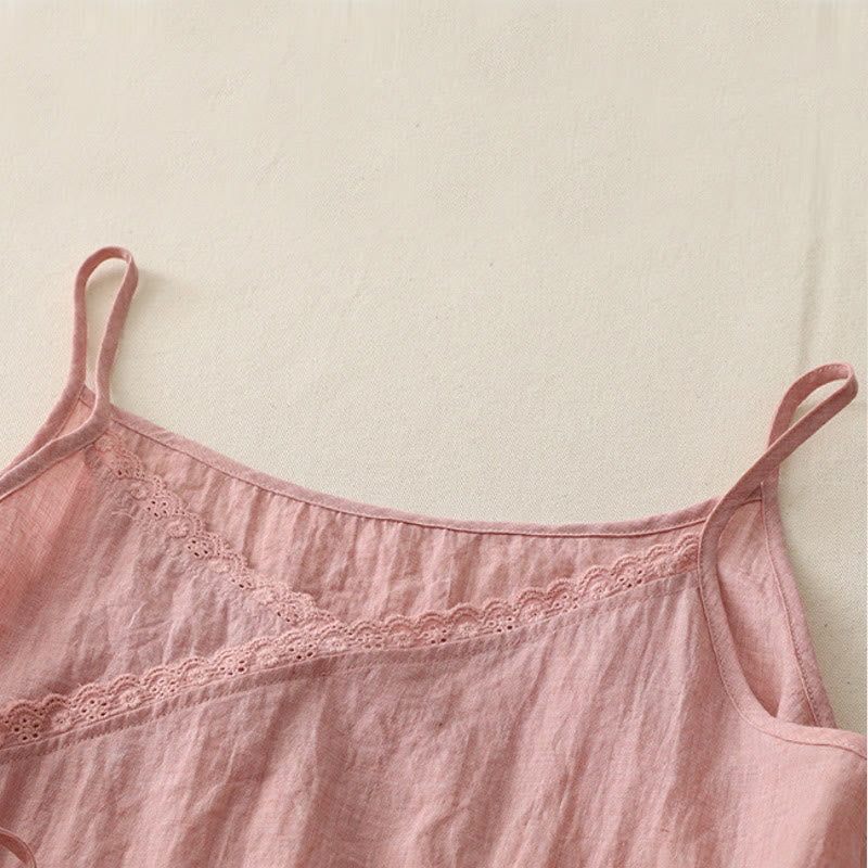 Buddha Stones Vintage Side Lace-up Splicing Lace V-neck Sleeveless Women's Cotton Linen Vest - image 1