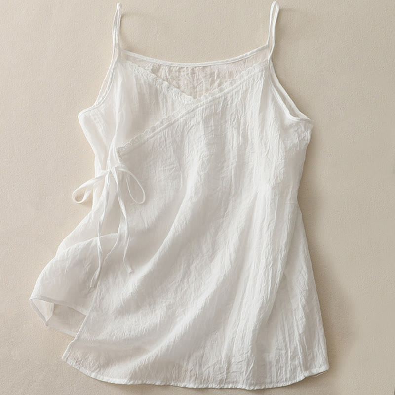 Buddha Stones Vintage Side Lace-up Splicing Lace V-neck Sleeveless Women's Cotton Linen Vest - White - US8-10，UK/AU12-14，EU40-42 (2XL) - image 4