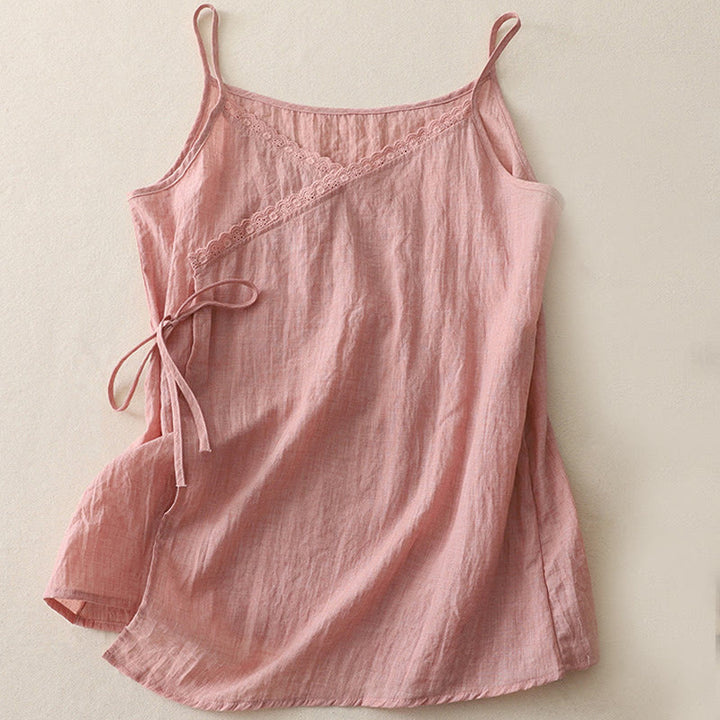 Buddha Stones Vintage Side Lace-up Splicing Lace V-neck Sleeveless Women's Cotton Linen Vest - LightPink - US8-10，UK/AU12-14，EU40-42 (2XL) - image 0
