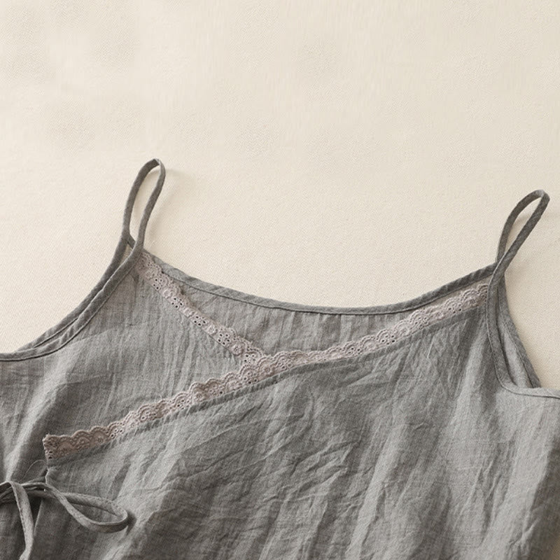 Buddha Stones Vintage Side Lace-up Splicing Lace V-neck Sleeveless Women's Cotton Linen Vest - image 10