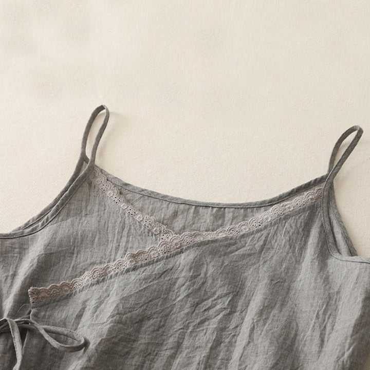 Buddha Stones Vintage Side Lace-up Splicing Lace V-neck Sleeveless Women's Cotton Linen Vest - image 10