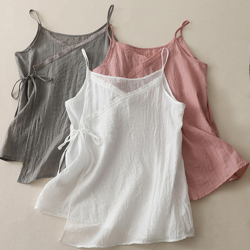 Buddha Stones Vintage Side Lace-up Splicing Lace V-neck Sleeveless Women's Cotton Linen Vest - image 13