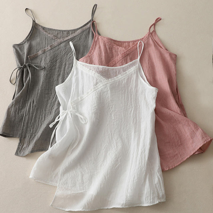 Buddha Stones Vintage Side Lace-up Splicing Lace V-neck Sleeveless Women's Cotton Linen Vest - image 13