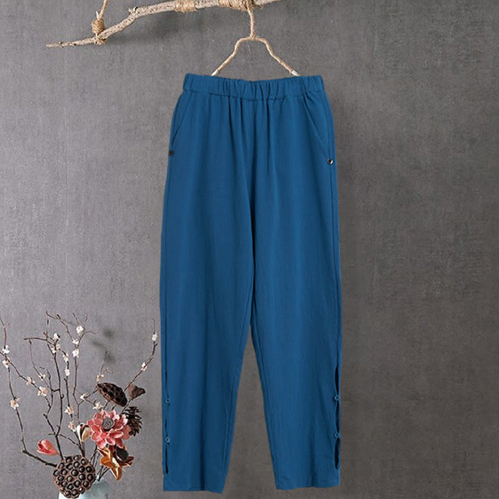 Buddha Stones Casual Pure Color Hollow Button Cuff Design Women's Cotton Linen Pants With Pockets - SteelBlue - US14，UK/AU18，EU46 (3XL) - image 25
