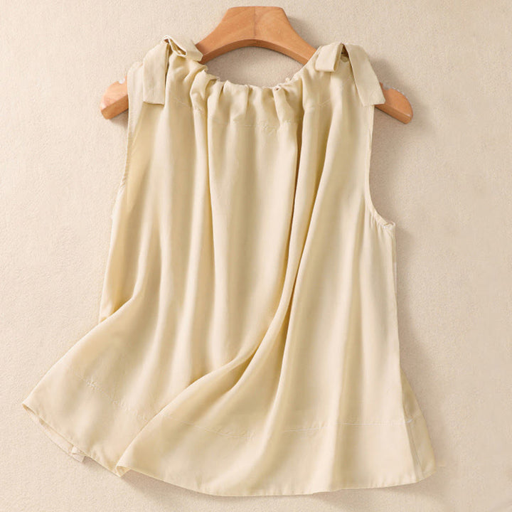Buddha Stones Summer Solid Color Lace-up Patchwork Design Sleeveless Pleated Crew Neck Women's Cotton Vest - LemonChiffon - US12，UK/AU16，EU44 (2XL) - image 8